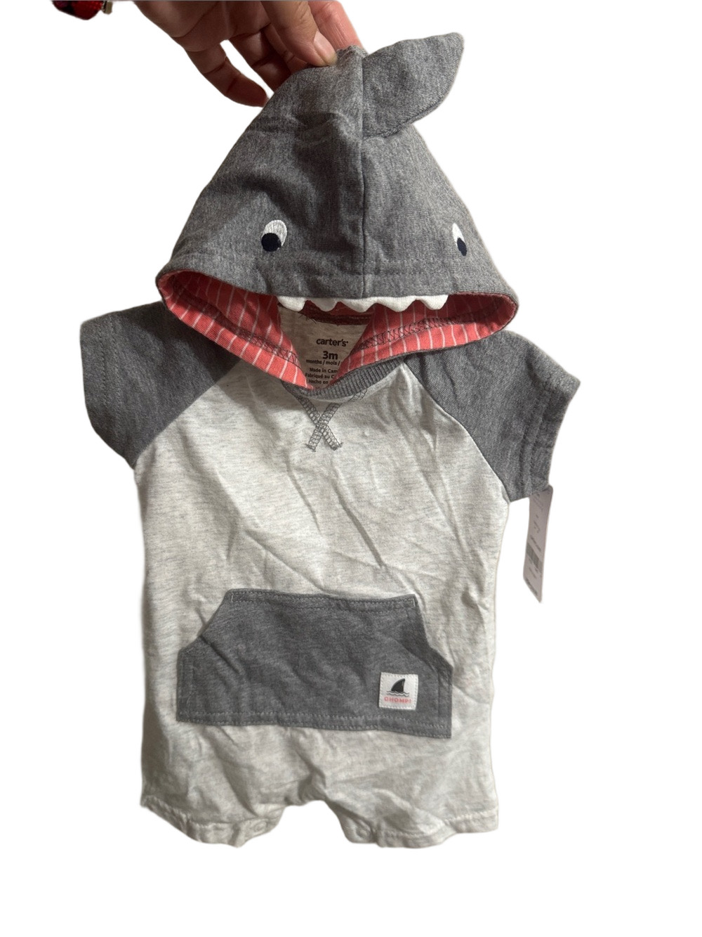Carter's baby boy shark hooded short-sleeve romper in grey and white